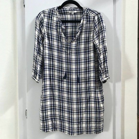 Madewell Plaid Long Sleeve Shift Dress - White/Blue - XXS - Picture 3 of 6